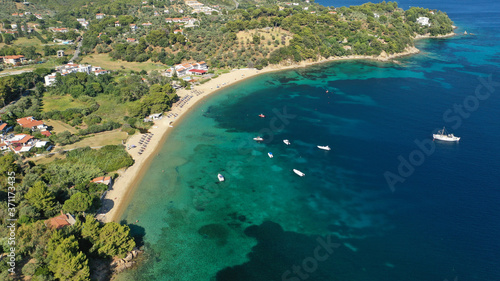 Aerial drone photo of amazing sandy beach of Troulos in island of Skiathos, Sporades, Greece