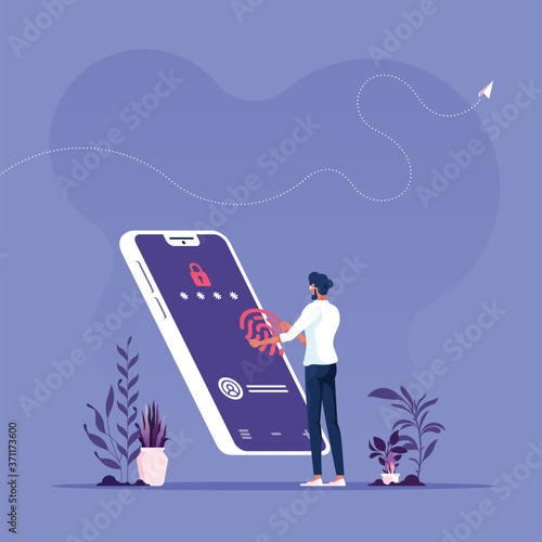 Fingerprint  security of mobile, Businessman set protection on mobile in form of fingerprint protection, Finger Print Smart Phone Access Lock, Business Man Touch Screen Fingerprint Hands Scan Security