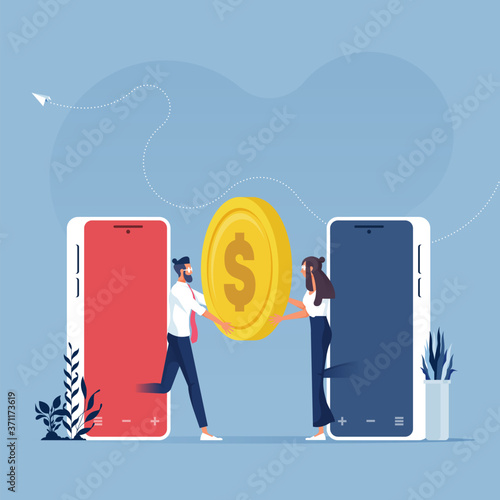 Mobile money transfer concept-Internet banking and mobile payments using smartphone, Businessman giving money to other people, Internet banking and mobile payments using smartphone