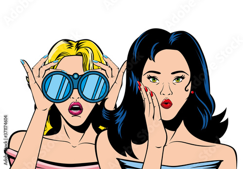retro black hair and blond women cartoons with binoculars vector design