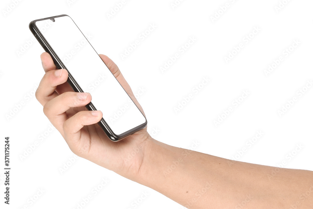 Hand holding the smartphone with blank screen isolated on white background
Hand holding the smartphone with blank screen isolated on white background