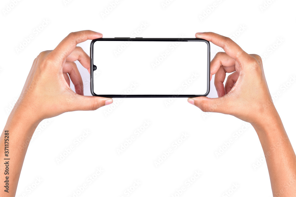 both hand holding blank screen smartphone both hand holding blank screen smartphone