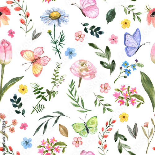 Cute floral seamless pattern. Watercolor botanical print, blooming summer mea...