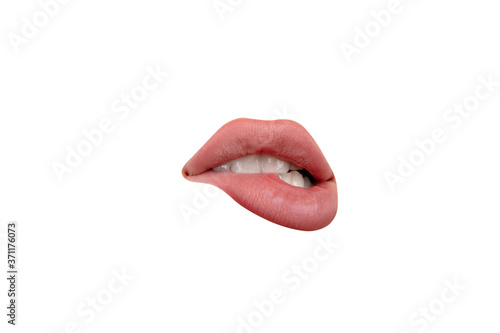 Seductive. Close up view of female mouth wearing nude lipstick over white studio background. Copyspace for insert your ad. Emotions, expression, beauty, fashion, style concept. Cut-out for pattern. photo