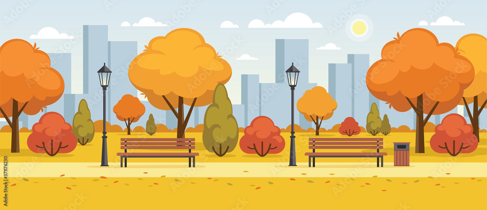 Autumn street, city park panoramic illustration. - obrazy, fototapety, plakaty 
