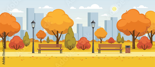 Autumn street, city park panoramic illustration.