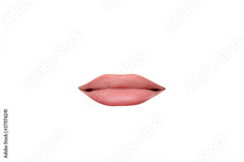 Calm. Close up view of female mouth wearing nude lipstick over white studio background. Copyspace for insert your ad. Emotions, expression, beauty, fashion, style concept. Cut-out for pattern. photo