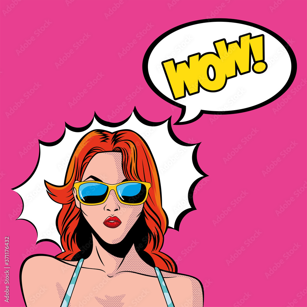 retro red hair woman cartoon with glasses and wow explosion vector design
