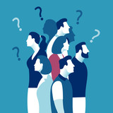 People, doubt, questions. Vector illustration of group of people and question marks.