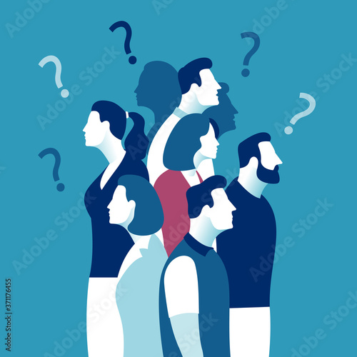 People, doubt, questions. Vector illustration of group of people and question marks.