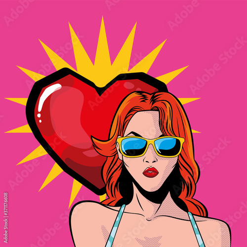 retro red hair woman cartoon with glasses and heart vector design
