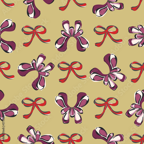 Seamless retro 1940s pattern in flowers of cute irises, ribbons. Vintage floral background for textile, wallpaper, pattern fills, covers, surface, print, gift wrap, scrapbooking, decoupage.