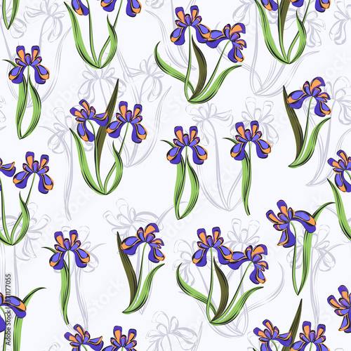 Seamless retro 1940s pattern in flowers of cute irises. Vintage floral background for textile, wallpaper, pattern fills, covers, surface, print, gift wrap, scrapbooking, decoupage.