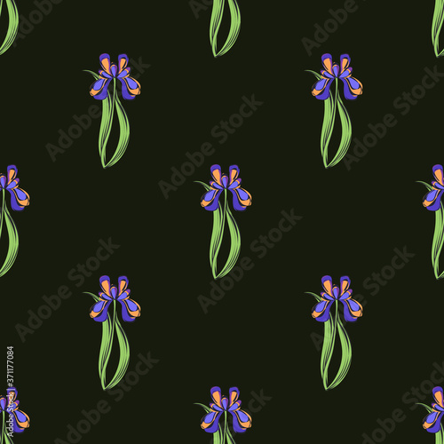 Seamless retro 1940s pattern in flowers of cute irises. Vintage floral background for textile, wallpaper, pattern fills, covers, surface, print, gift wrap, scrapbooking, decoupage.