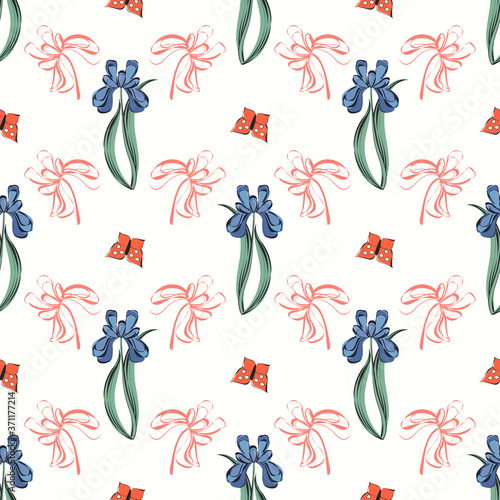 Seamless retro 1940s pattern in flowers of cute irises, butterfly. Vintage floral background for textile, wallpaper, pattern fills, covers, surface, print, gift wrap, scrapbooking, decoupage.