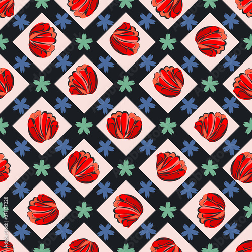 Seamless retro 1940s pattern in flowers of cute tulips. Vintage floral background for textile, wallpaper, pattern fills, covers, surface, print, gift wrap, scrapbooking, decoupage.