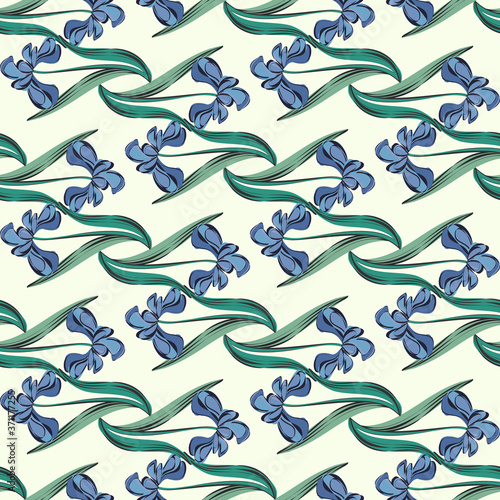 Seamless retro 1940s pattern in flowers of cute irises. Vintage floral background for textile, wallpaper, pattern fills, covers, surface, print, gift wrap, scrapbooking, decoupage.