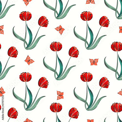 Seamless retro 1940s pattern in flowers of cute tulipes, butterfly. Vintage floral background for textile, wallpaper, pattern fills, covers, surface, print, gift wrap, scrapbooking, decoupage.