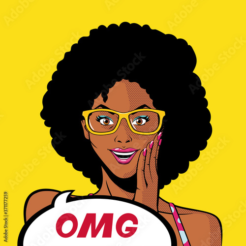 retro black afro woman cartoon with glasses and omg bubble vector design