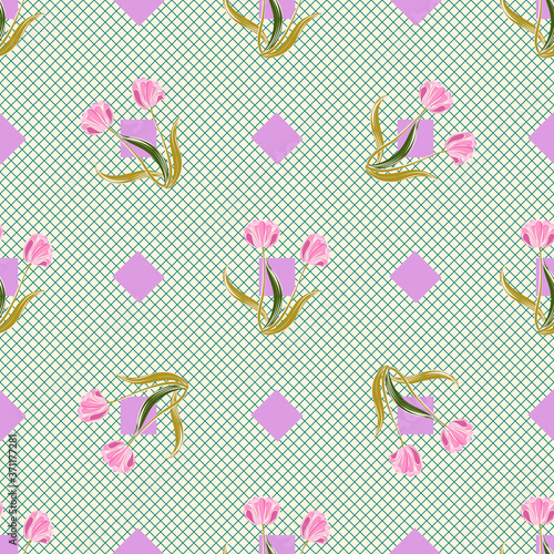 Seamless retro 1940s pattern in flowers of cute tulips. Vintage floral background for textile, wallpaper, pattern fills, covers, surface, print, gift wrap, scrapbooking, decoupage.