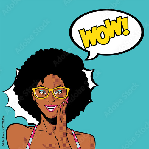 retro black afro woman cartoon with glasses and wow explosion vector design