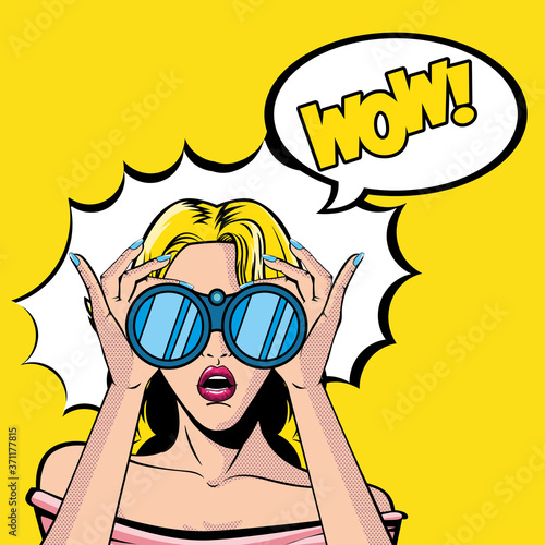 retro blond woman cartoon with binoculars and wow explosion vector design