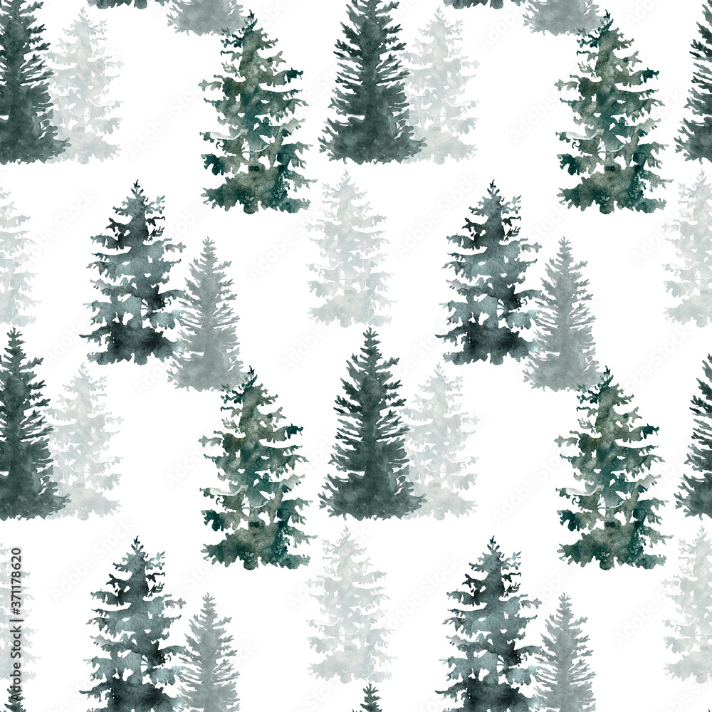 Obraz premium Winter pine tree forest seamless pattern. Christmas background. Watercolor hand painted illustration. Evergreen trees on white backdrop. 