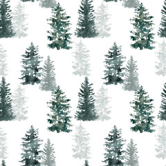 Fototapete Waldmuster Winterlicher Kiefernwald in Aquarell  © Anna Nekotangerine