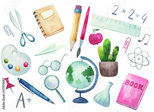 Back to school. Hand-drawn background with school supplies and creative elements. Palette, book, notebook, pen, pencil, brush, glasses, watercolor illustration