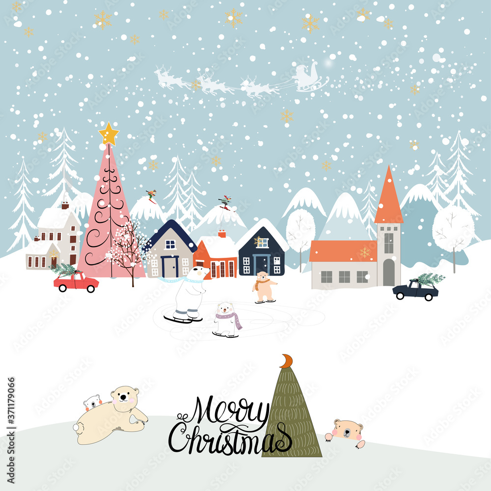 Vector Winter landscape,Cute winter wonderland at countryside with snow falling, polar bear playing ice skates in the park and family skiing on the mountain, Kawaii greeting card for Christmas