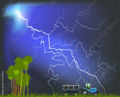 Representation of tropical rain forest deforestation by illegal logging activity set against a dramatic thunderstorm sky
