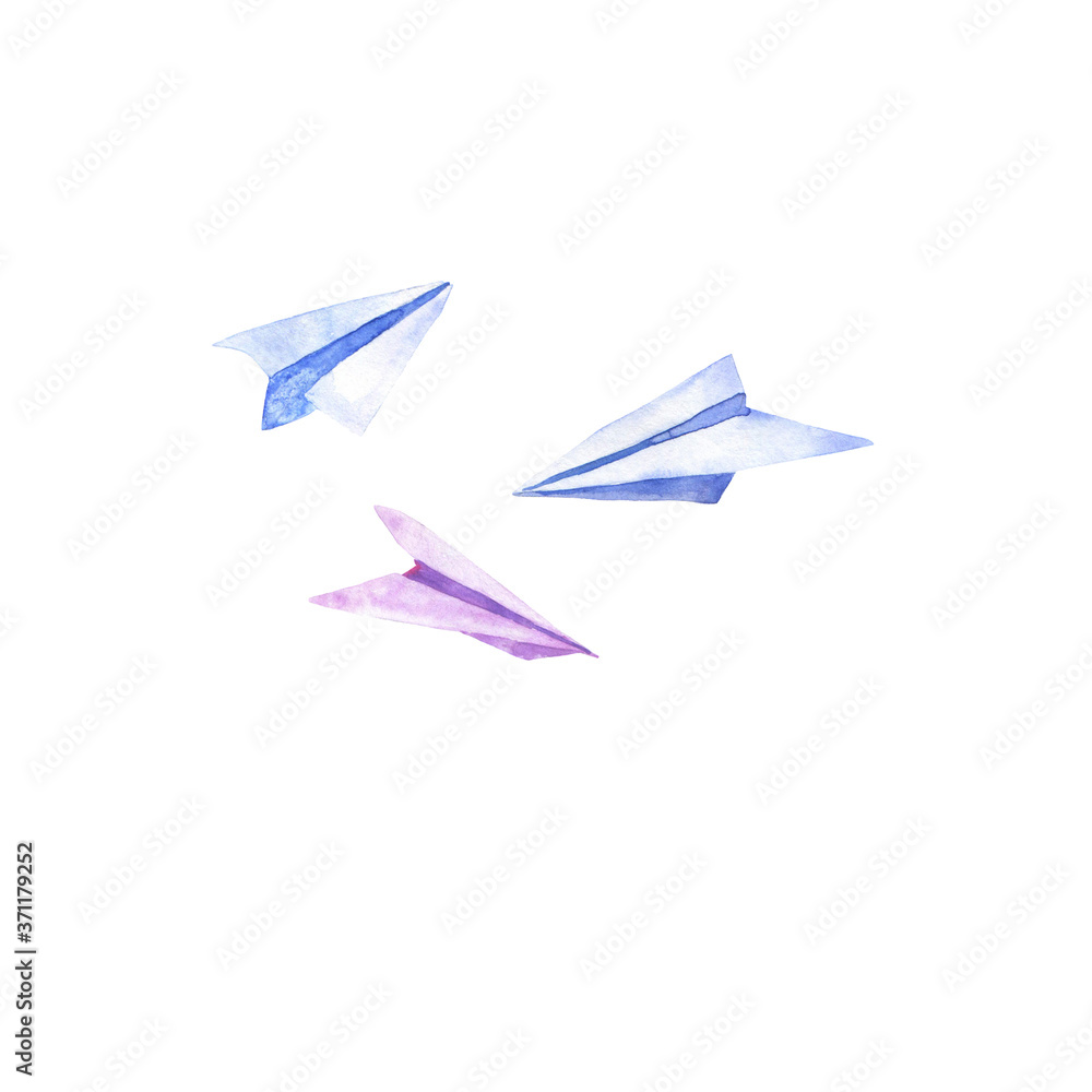 Set of blue and lilac paper planes. Hand drawn watercolor illustration. Set of blue and lilac paper planes. Hand drawn watercolor illustration.