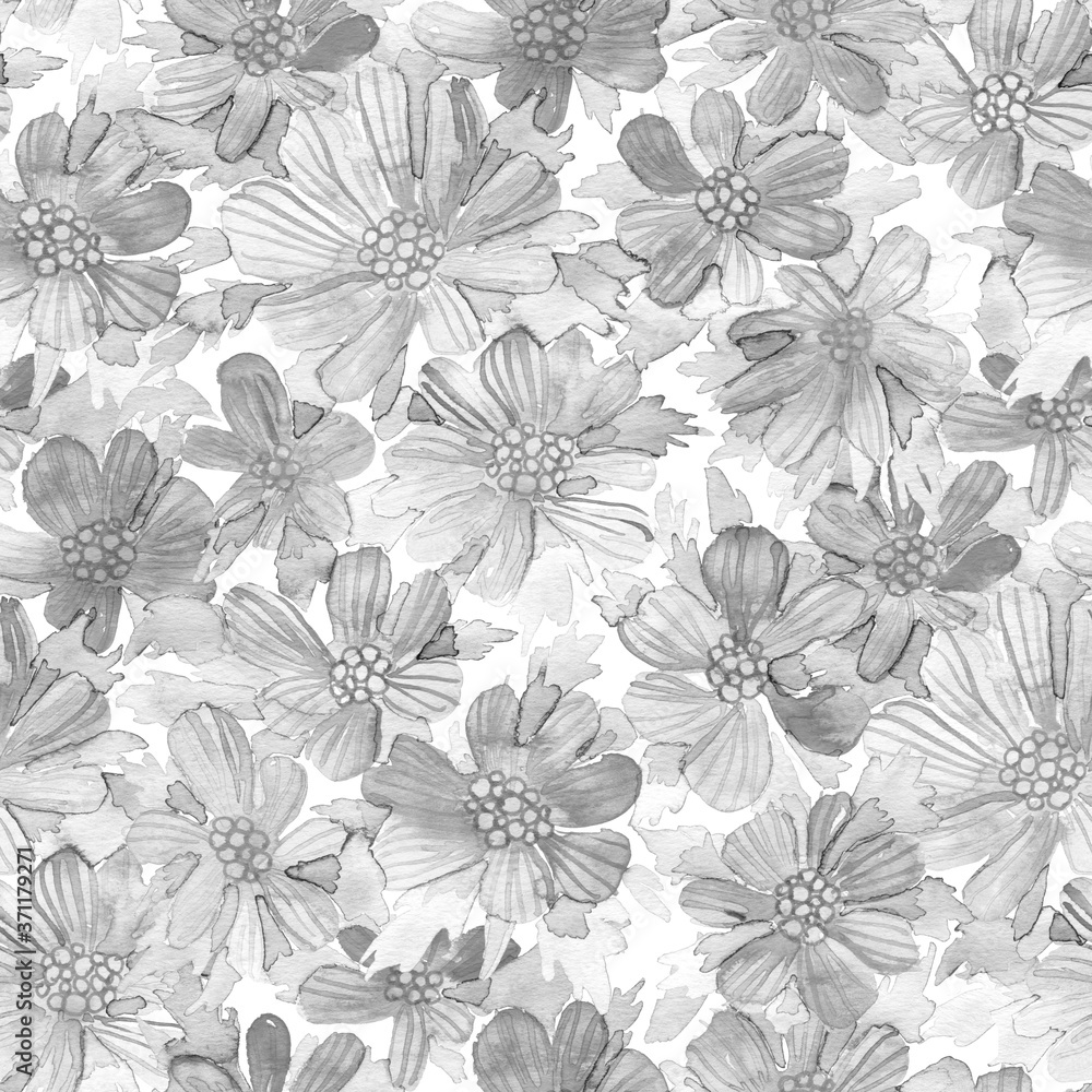 Watercolor wild flowers seamless pattern. Hand painted raster texture.