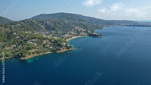 Fototapeta Naklejka Na Ścianę i Meble -  Aerial drone photo of famous seaside area and bay of Kanapitsa with many beautiful secluded sandy beaches, Skiathos island, Sporades, Greece