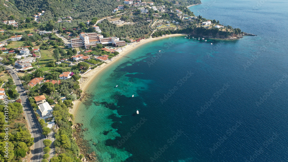 Fototapeta premium Aerial drone photo of famous seaside area and bay of Kanapitsa with many beautiful secluded sandy beaches, Skiathos island, Sporades, Greece