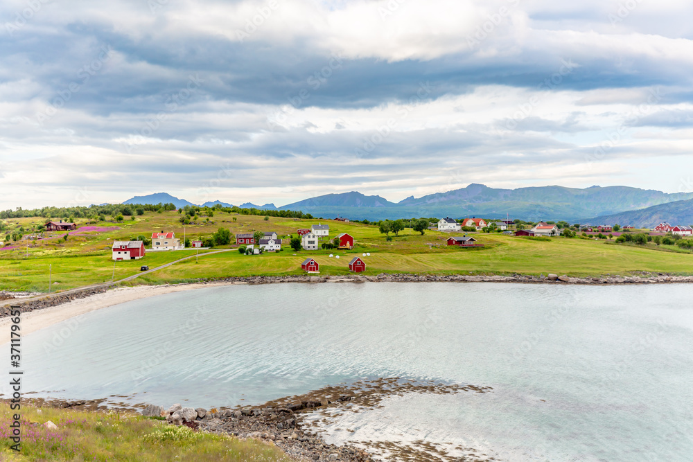 Norway Landscape panorama with ocean and mountain Lofoten island.