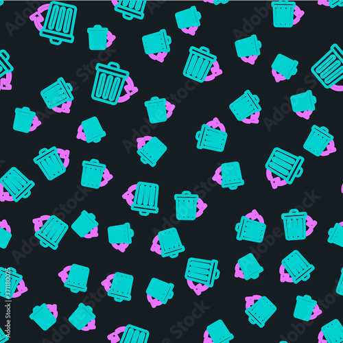 Line Recycle bin with recycle symbol icon isolated seamless pattern on black background. Trash can icon. Garbage bin sign. Recycle basket sign. Vector Illustration.