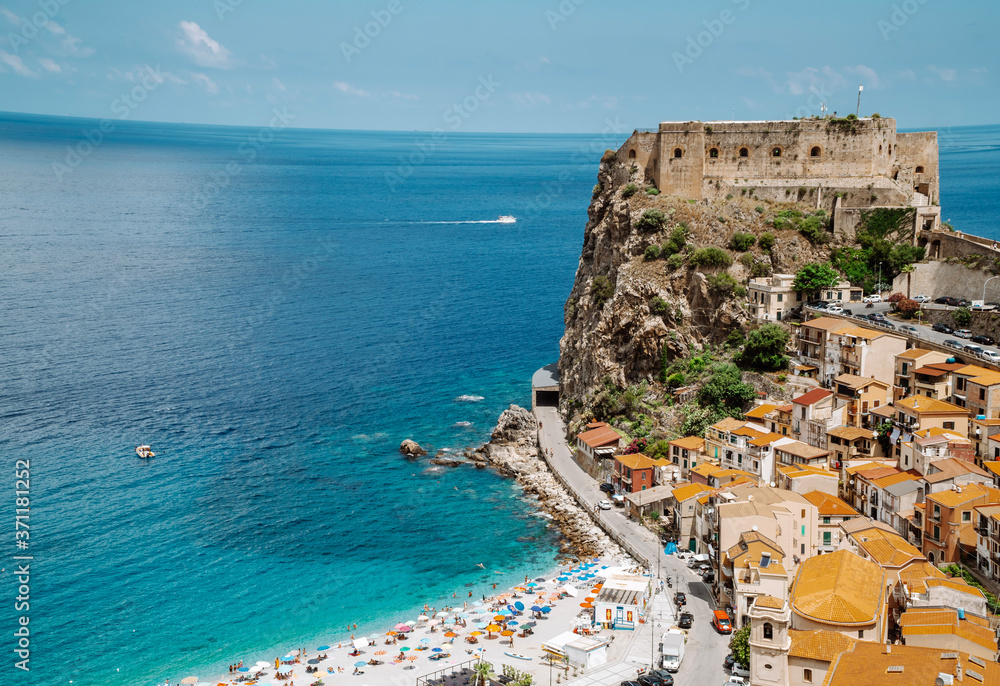 Aerial view of the beautiful Italian beach town of Scilla in the southern region of Calabria