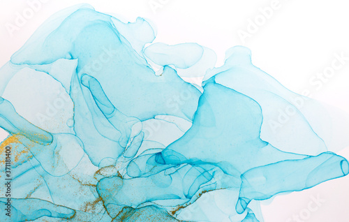Abstract watercolor transparent drops background. Blue and golden glitter texture. © anya babii