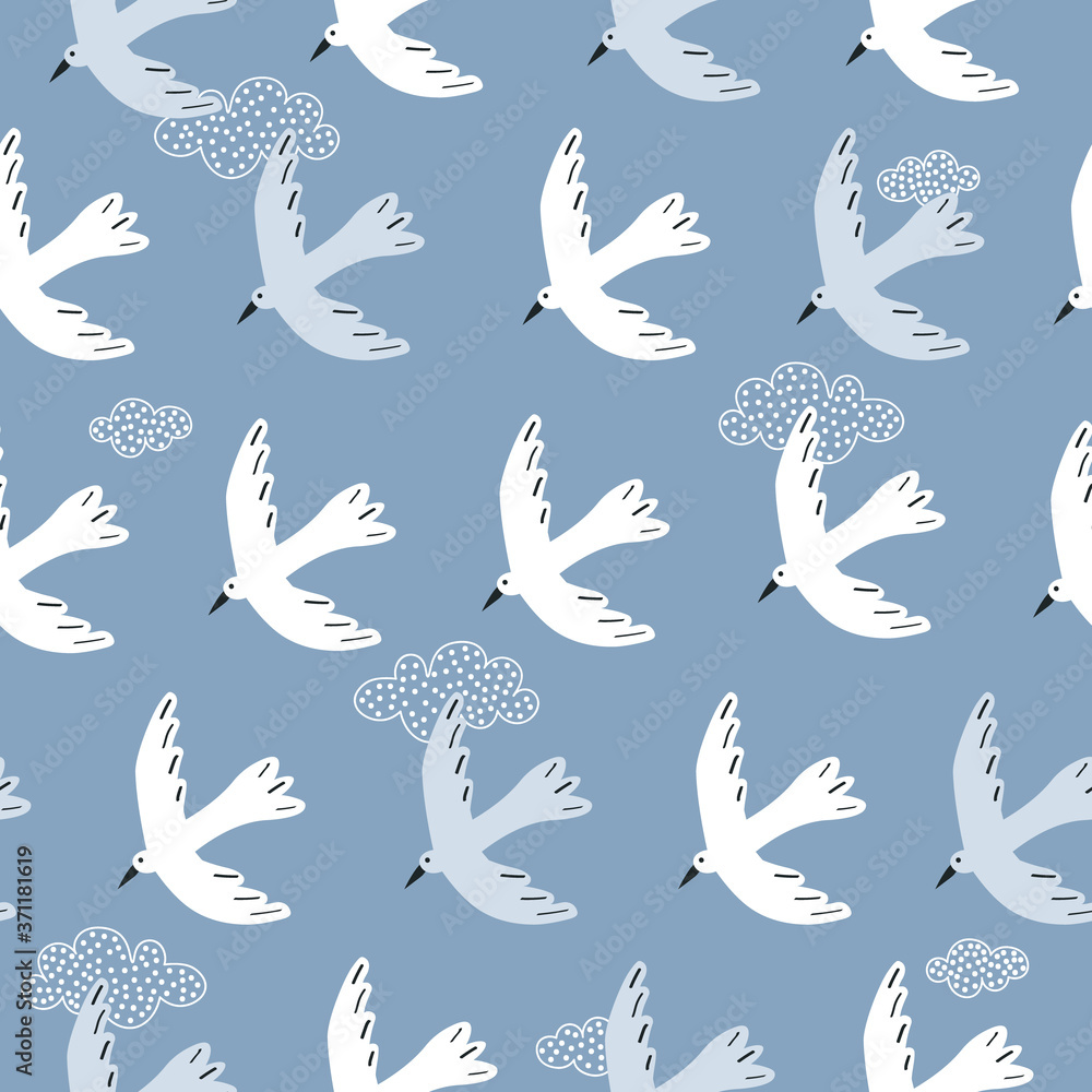 Seamless pattern, birds, clouds, hand drawn overlapping backdrop. Colorful background vector. Cute illustration, seagulls. Decorative wallpaper, good for printing