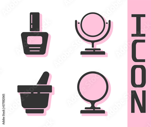Set Round makeup mirror, Nail polish bottle, Mortar and pestle and Round makeup mirror icon. Vector.