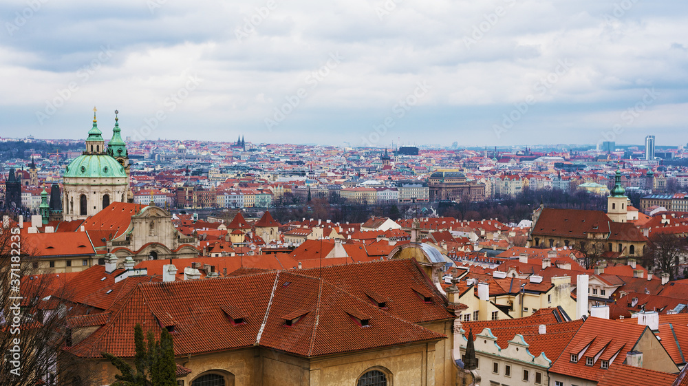 Prague, Czech Republic - March 10, 2020 View of Vysehrad in Prague, red tile roofs of old houses