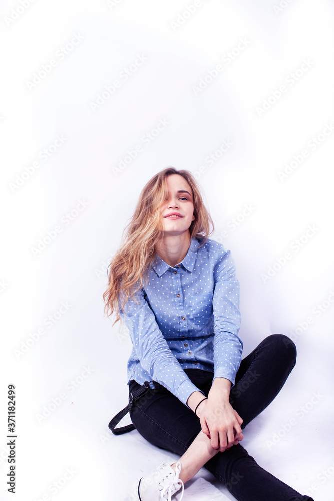 young pretty teenage hipster girl posing emotional happy smiling on white background, lifestyle people concept young pretty teenage hipster girl posing emotional happy smiling on white background, lifestyle people concept