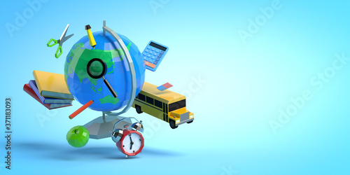 3d-illustration flying school supplies low poly concept on light blue background copy space