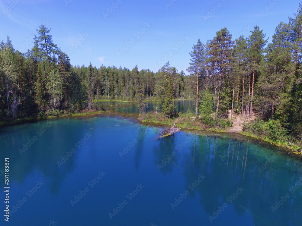Fototapeta premium Blue lakes in a coniferous forest. Parashikimi lake, Komi Republic, Russia.