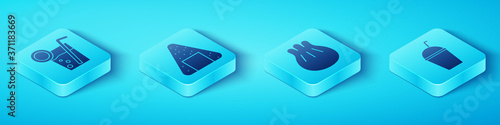 Set Isometric Cocktail, Onigiri, Milkshake and Khinkali on cutting board icon. Vector.