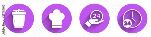Set Coffee cup to go, Chef hat, Clock 24 hours and Clock 24 hours icon with long shadow. Vector.