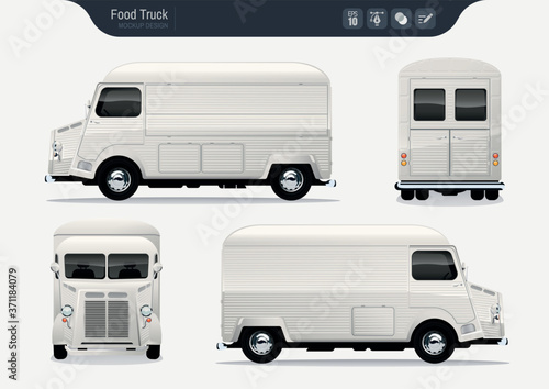 Isolated Realistic Food Truck. Fast-Food Truck Vector Template for Brand Identity. 