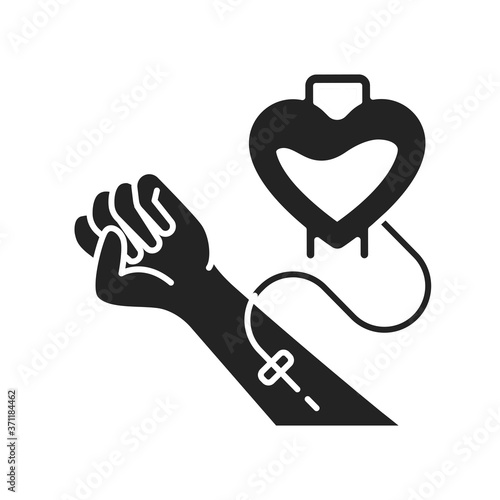 Blood donation glyph black icon. Donorship. Volunteering. Outline pictogram for web page, mobile app, promo.