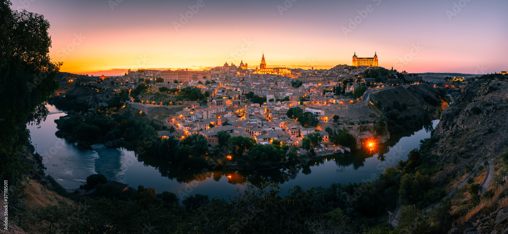 Panorama view from Toledo, capital from spanish region of La Mancha with the famous Alcazar and cathedral.